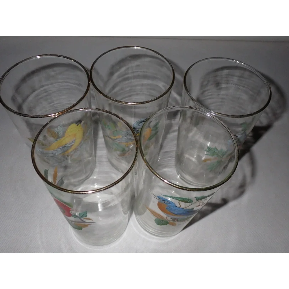 5 Vintage West Virginia Glass Co MCM American Songbird Glasses gold rim Tumblers